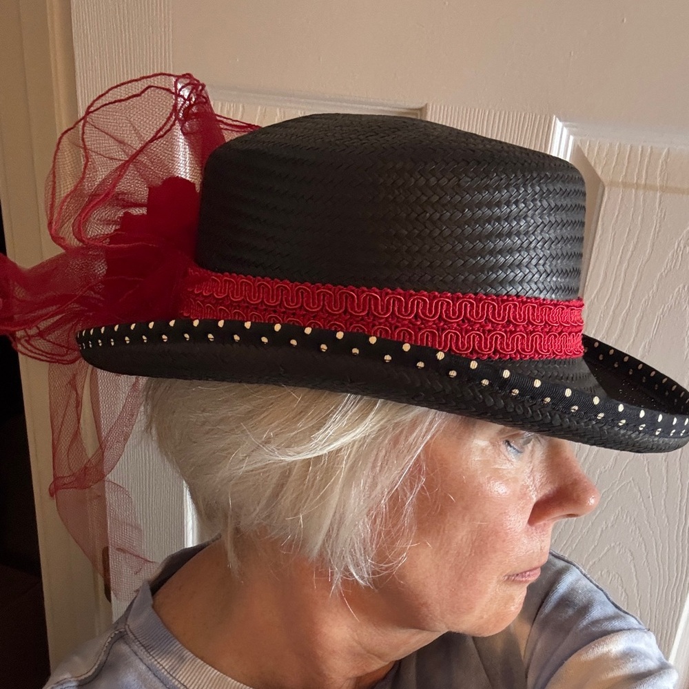 Whittall & Javits Chic Derby Hat w/netting, flower, sequins and polka dot trim